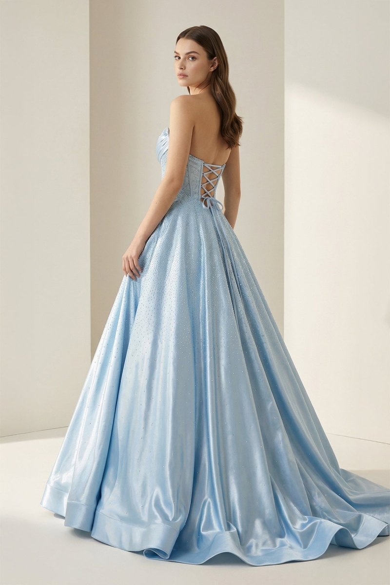 Sky Blue Strapless A Line Satin Beaded Long Prom Dresses With Pockets