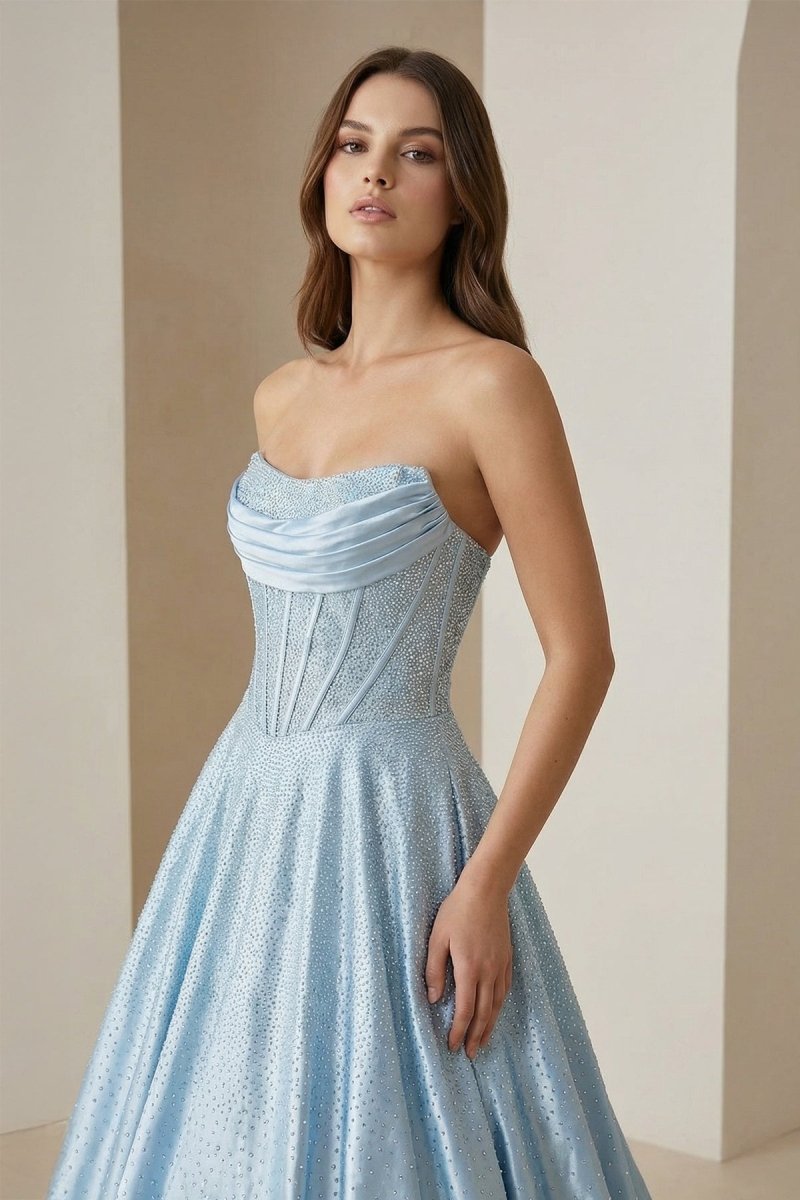 Sky Blue Strapless A Line Satin Beaded Long Prom Dresses With Pockets