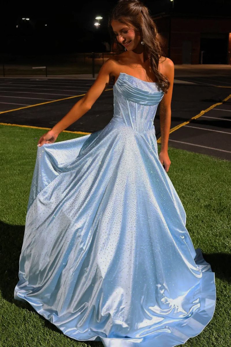 Sky Blue Strapless A Line Satin Beaded Long Prom Dresses With Pockets
