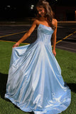 Sky Blue Strapless A Line Satin Beaded Long Prom Dresses With Pockets
