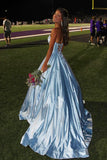 Sky Blue Strapless A Line Satin Beaded Long Prom Dresses With Pockets
