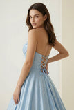 Sky Blue Strapless A Line Satin Beaded Long Prom Dresses With Pockets