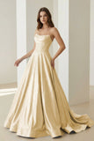 Sky Blue Strapless A Line Satin Beaded Long Prom Dresses With Pockets