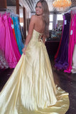Sky Blue Strapless A Line Satin Beaded Long Prom Dresses With Pockets