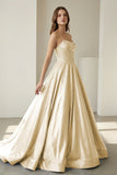 Sky Blue Strapless A Line Satin Beaded Long Prom Dresses With Pockets