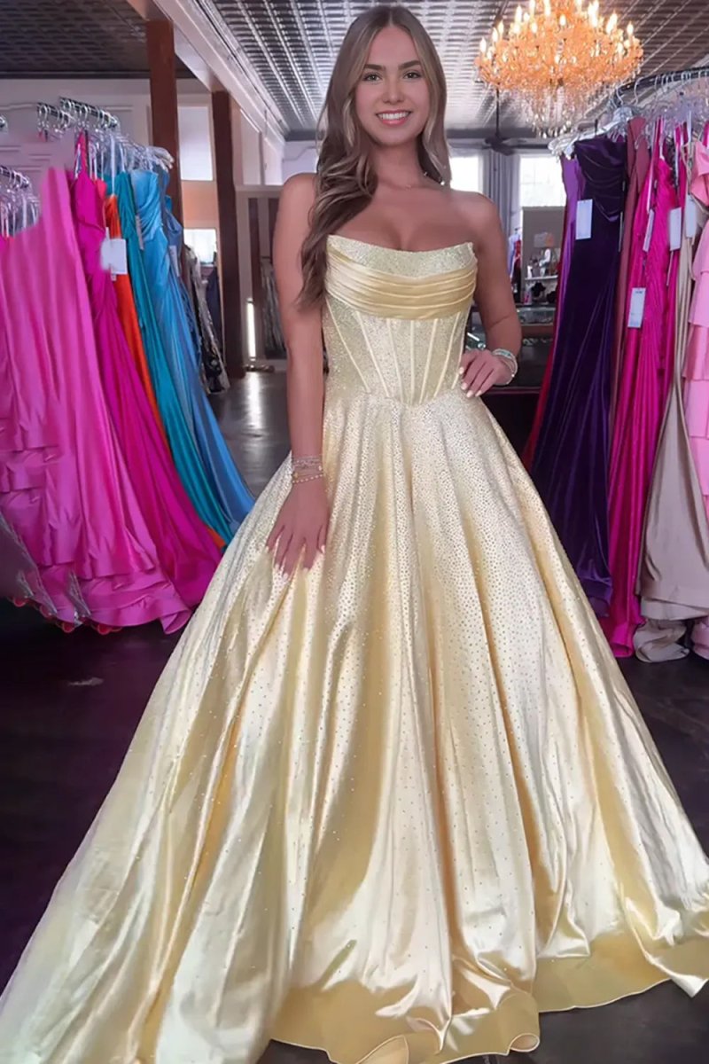 Sky Blue Strapless A Line Satin Beaded Long Prom Dresses With Pockets