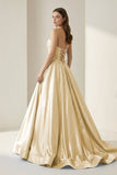 Sky Blue Strapless A Line Satin Beaded Long Prom Dresses With Pockets