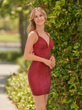 Bodycon V Neck Burgundy Sequins Mini Party Dresses