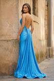 Blue Spaghetti Straps Mermaid Satin Backless Long Prom Dress