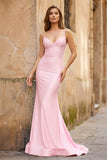 Blue Spaghetti Straps Mermaid Satin Backless Long Prom Dress