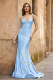 Blue Spaghetti Straps Mermaid Satin Backless Long Prom Dress