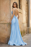 Blue Spaghetti Straps Mermaid Satin Backless Long Prom Dress