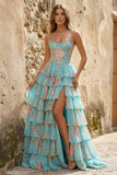 Yellow Strapless A Line Floral Chiffon Ruffled Prom Dresses With Beading