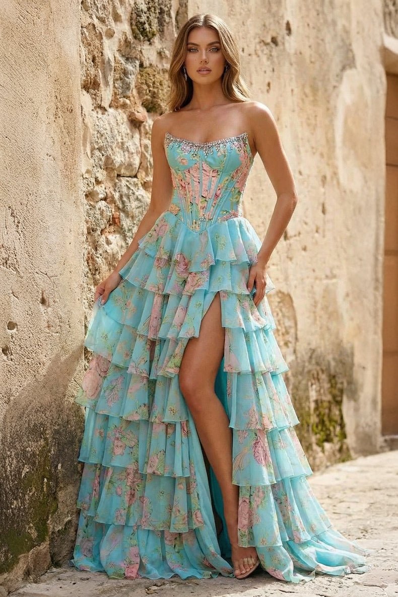 Yellow Strapless A Line Floral Chiffon Ruffled Prom Dresses With Beading