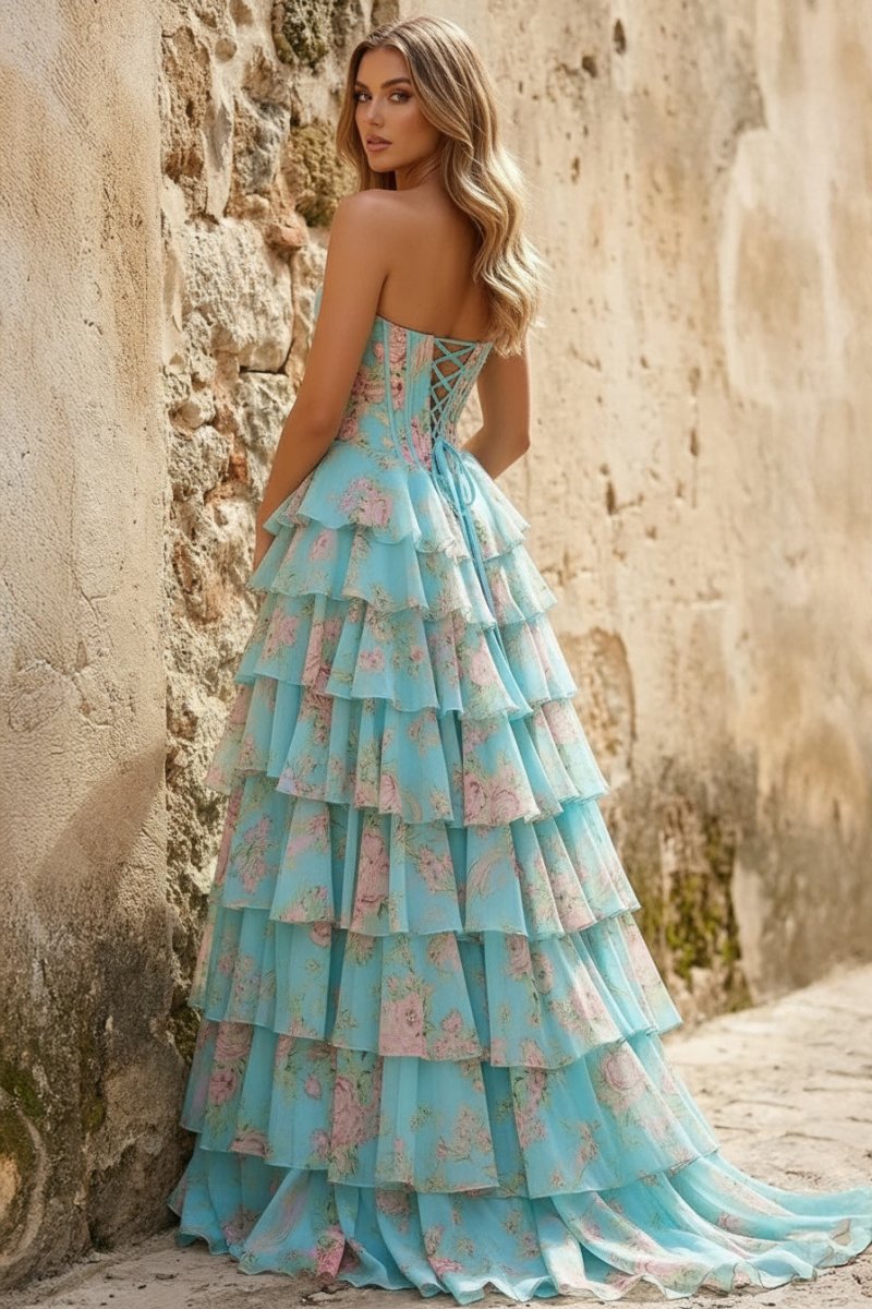 Yellow Strapless A Line Floral Chiffon Ruffled Prom Dresses With Beading