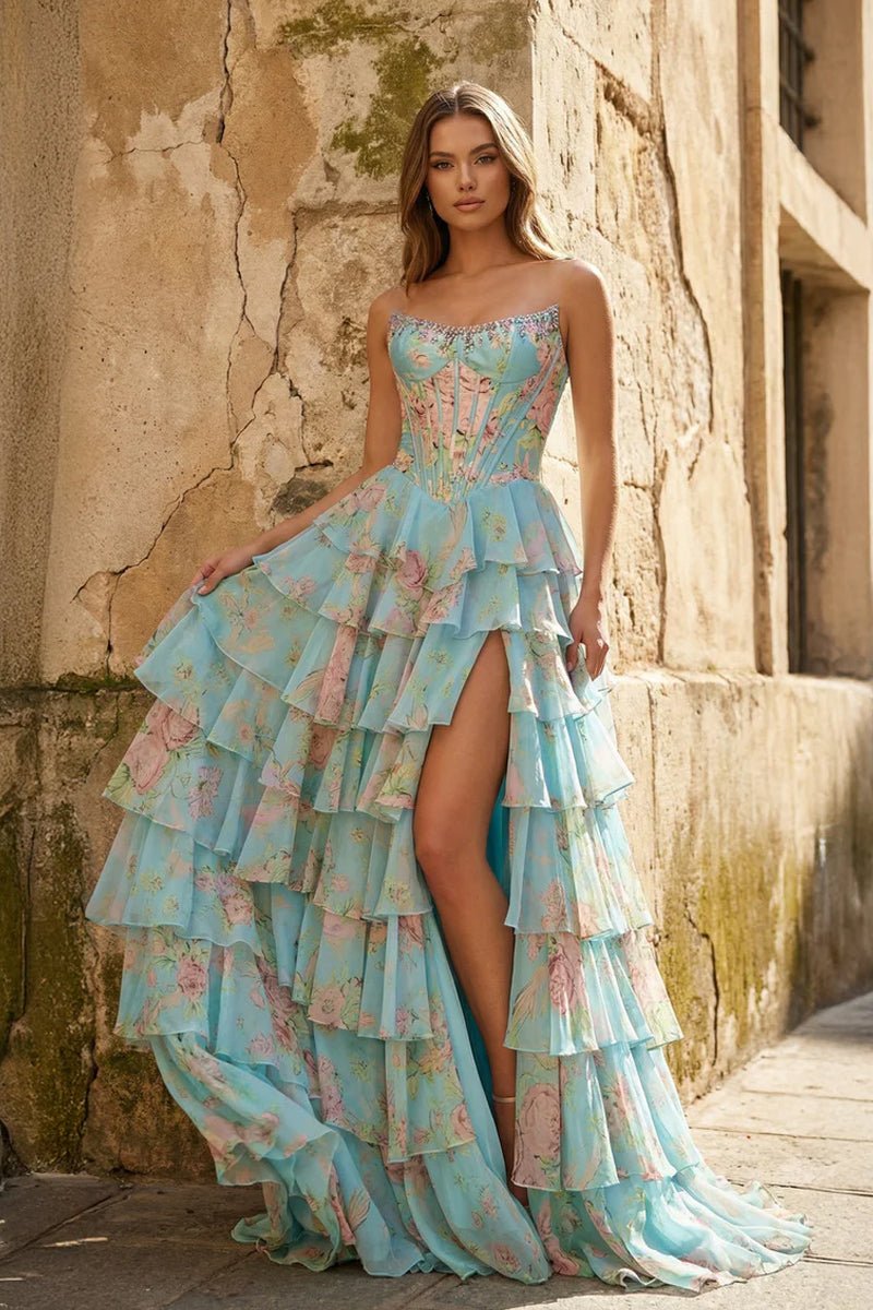 Yellow Strapless A Line Floral Chiffon Ruffled Prom Dresses With Beading