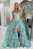 Yellow Strapless A Line Floral Chiffon Ruffled Prom Dresses With Beading