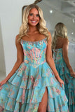 Yellow Strapless A Line Floral Chiffon Ruffled Prom Dresses With Beading