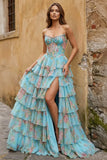 Yellow Strapless A Line Floral Chiffon Ruffled Prom Dresses With Beading