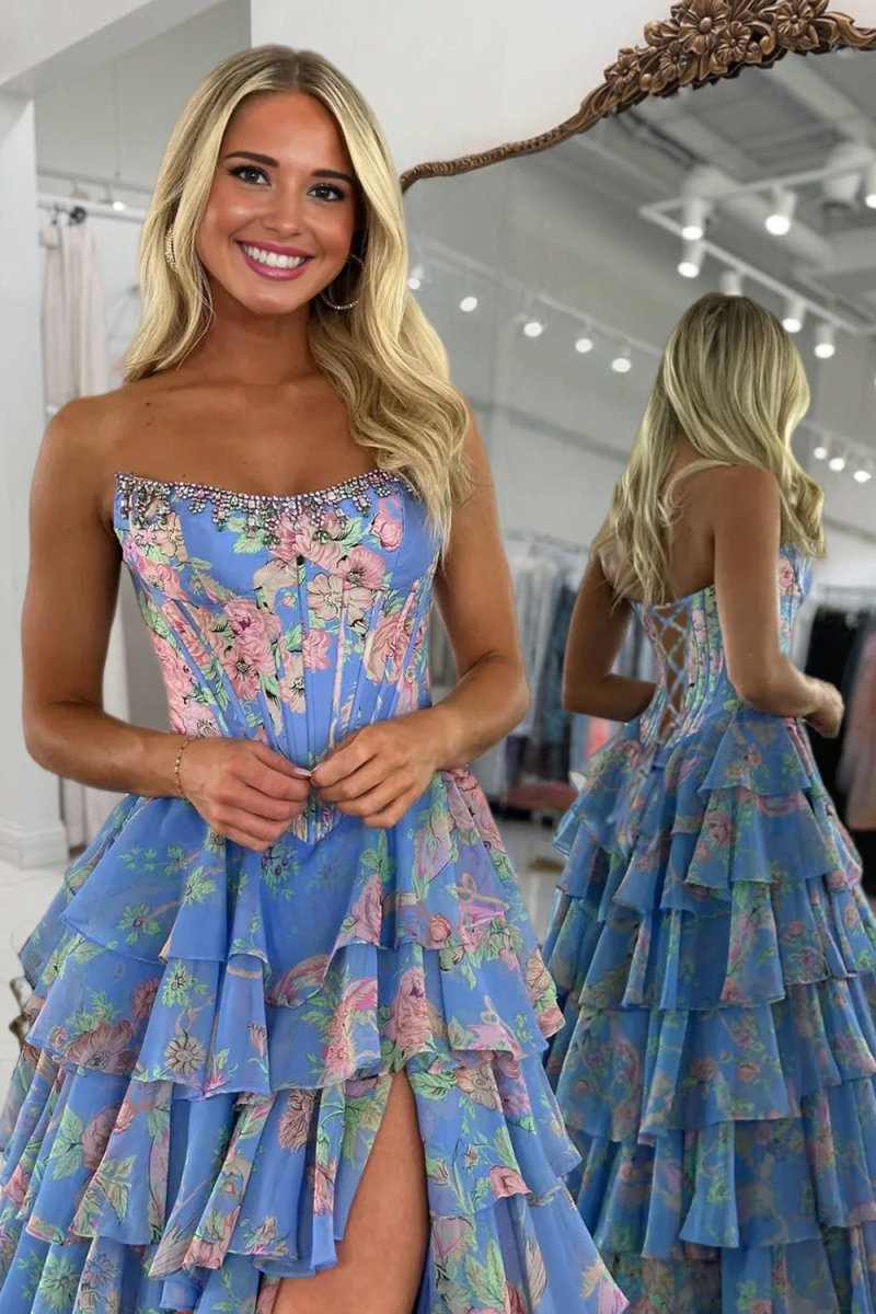 Yellow Strapless A Line Floral Chiffon Ruffled Prom Dresses With Beading