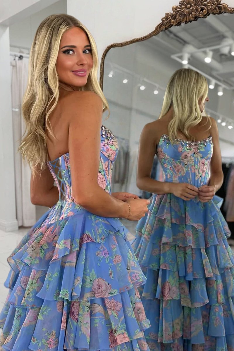 Yellow Strapless A Line Floral Chiffon Ruffled Prom Dresses With Beading