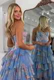 Yellow Strapless A Line Floral Chiffon Ruffled Prom Dresses With Beading