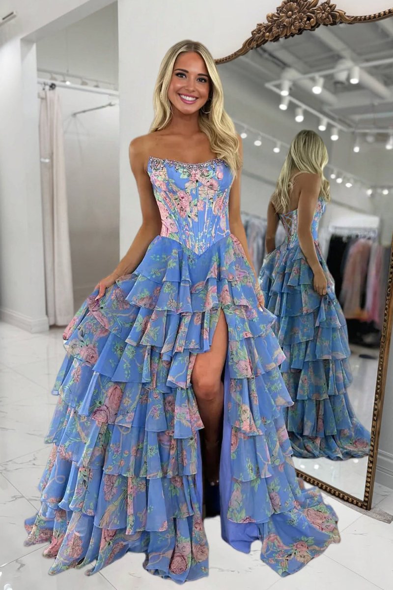 Yellow Strapless A Line Floral Chiffon Ruffled Prom Dresses With Beading