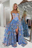 Yellow Strapless A Line Floral Chiffon Ruffled Prom Dresses With Beading