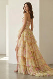 Yellow Strapless A Line Floral Chiffon Ruffled Prom Dresses With Beading
