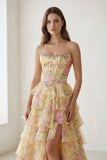 Yellow Strapless A Line Floral Chiffon Ruffled Prom Dresses With Beading
