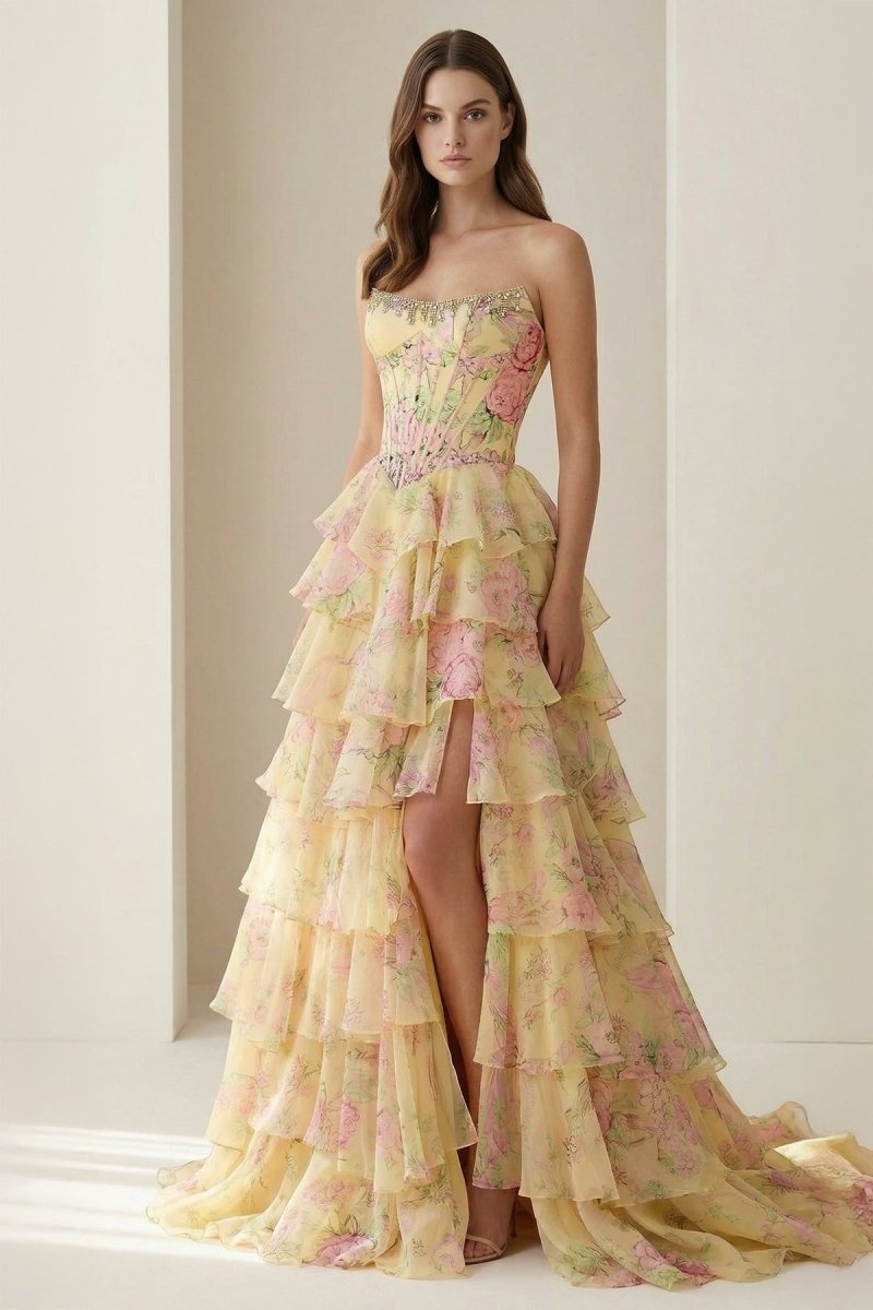 Yellow Strapless A Line Floral Chiffon Ruffled Prom Dresses With Beading