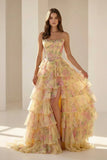 Yellow Strapless A Line Floral Chiffon Ruffled Prom Dresses With Beading
