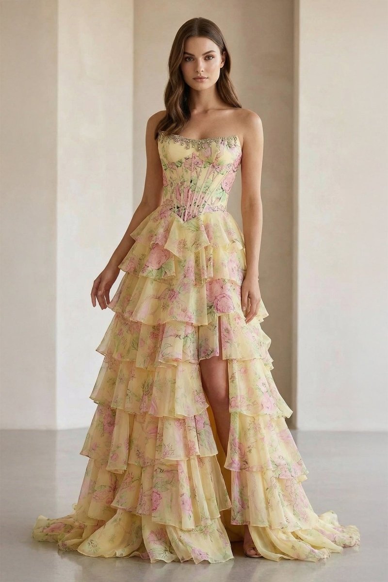 Yellow Strapless A Line Floral Chiffon Ruffled Prom Dresses With Beading