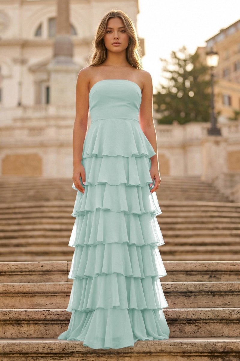Purple Strapless A Line Chiffon Long Prom Dress With Ruffles