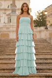 Purple Strapless A Line Chiffon Long Prom Dress With Ruffles