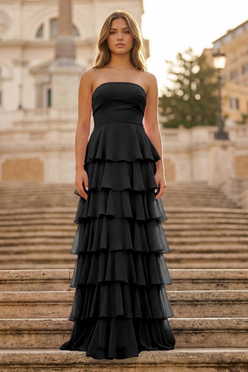 Purple Strapless A Line Chiffon Long Prom Dress With Ruffles