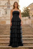 Purple Strapless A Line Chiffon Long Prom Dress With Ruffles