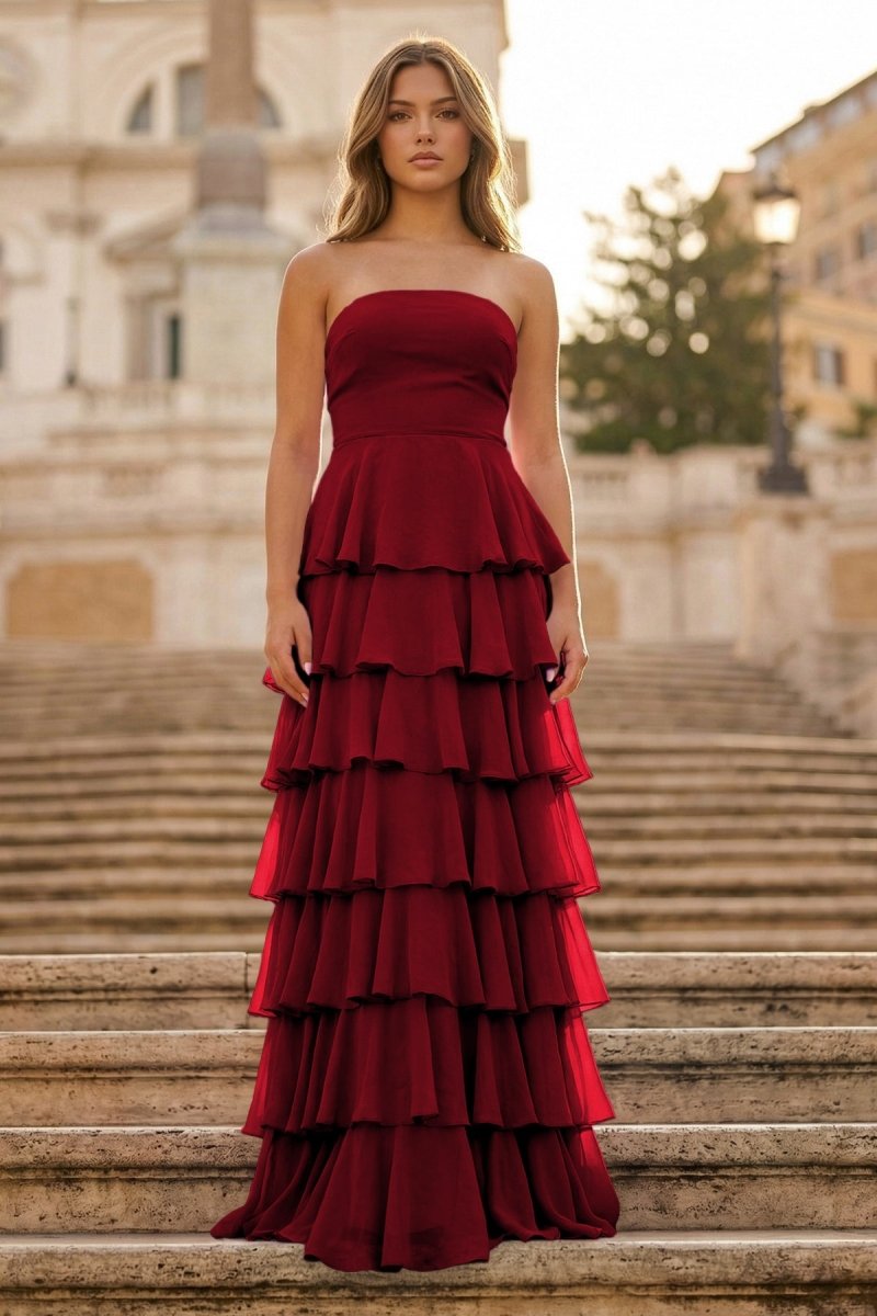 Purple Strapless A Line Chiffon Long Prom Dress With Ruffles