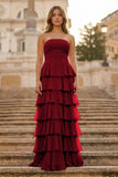 Purple Strapless A Line Chiffon Long Prom Dress With Ruffles