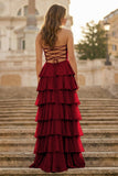 Purple Strapless A Line Chiffon Long Prom Dress With Ruffles