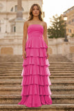 Purple Strapless A Line Chiffon Long Prom Dress With Ruffles