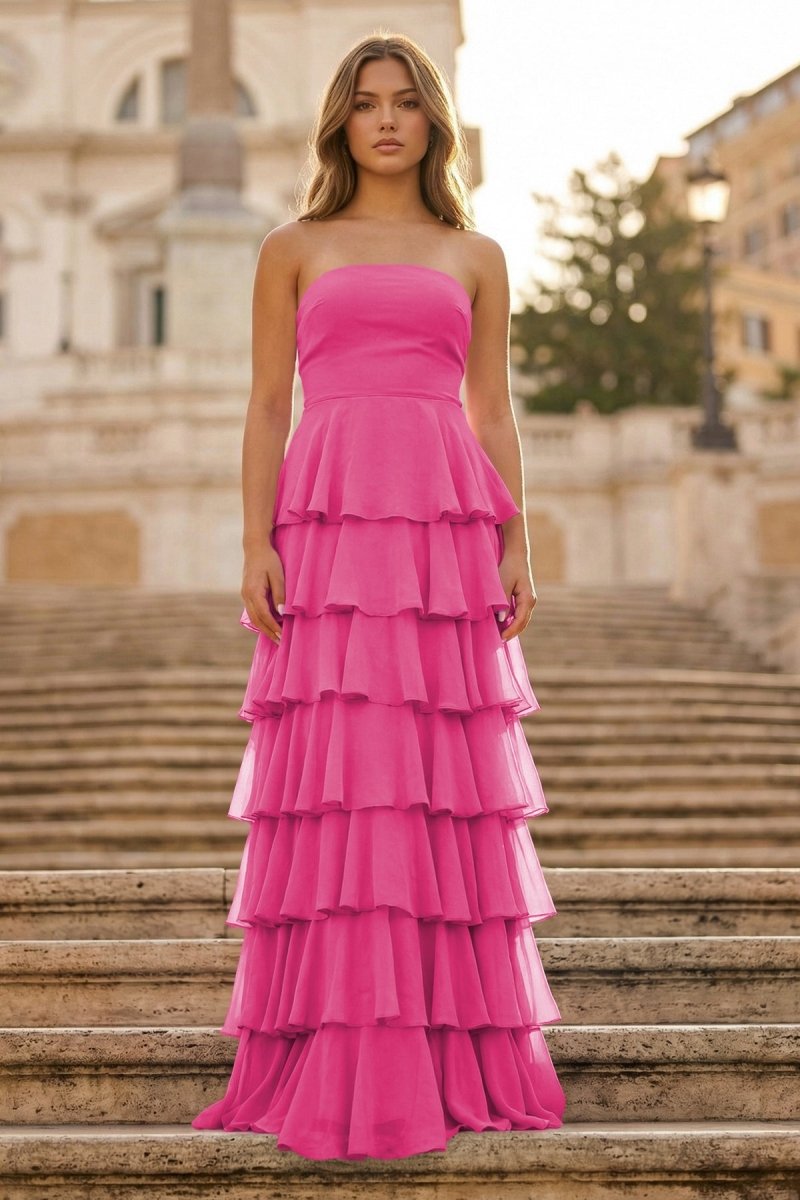 Purple Strapless A Line Chiffon Long Prom Dress With Ruffles