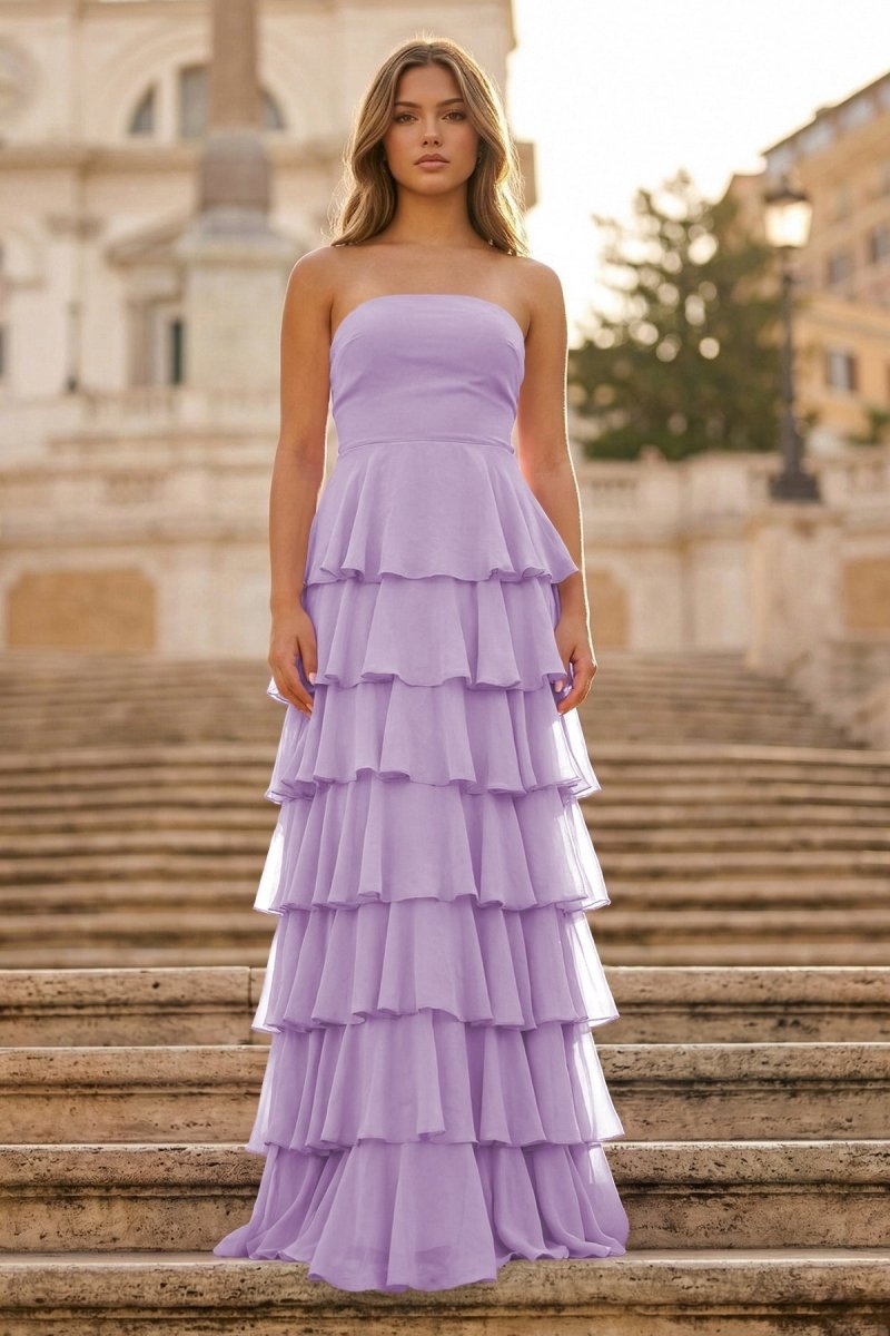 Purple Strapless A Line Chiffon Long Prom Dress With Ruffles