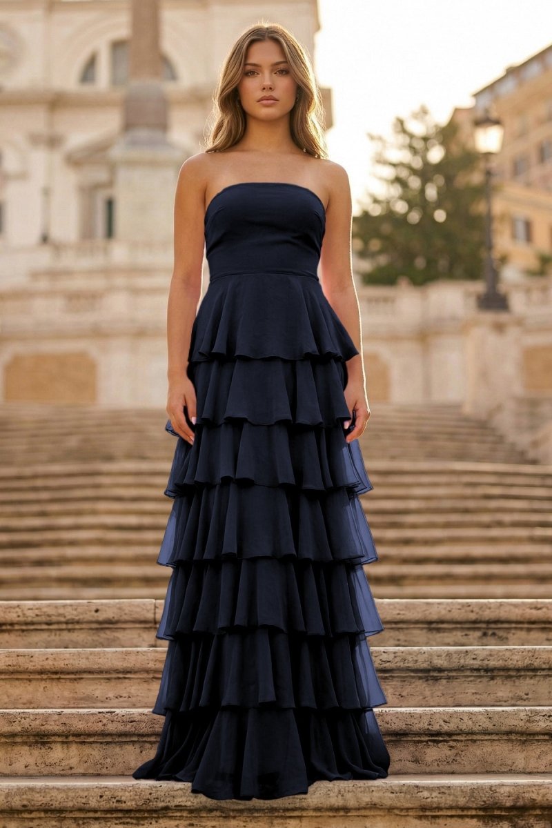 Purple Strapless A Line Chiffon Long Prom Dress With Ruffles