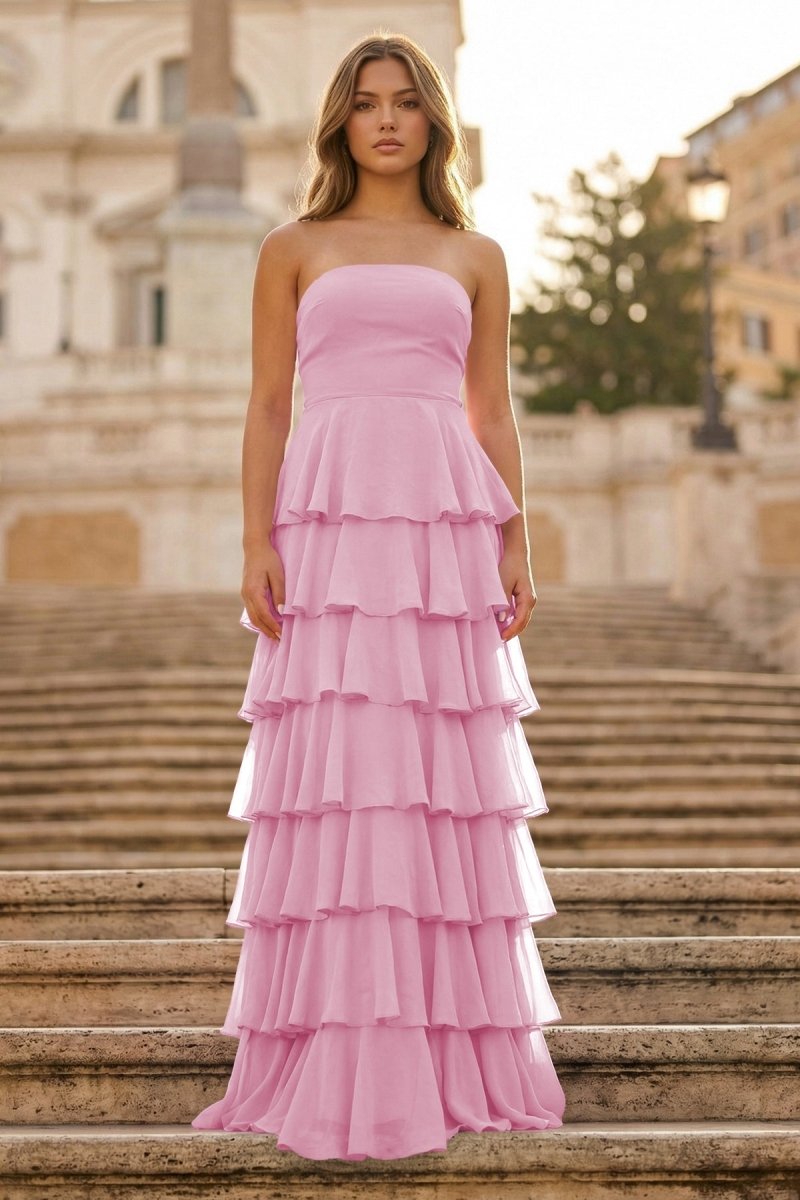 Purple Strapless A Line Chiffon Long Prom Dress With Ruffles