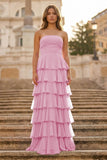 Purple Strapless A Line Chiffon Long Prom Dress With Ruffles