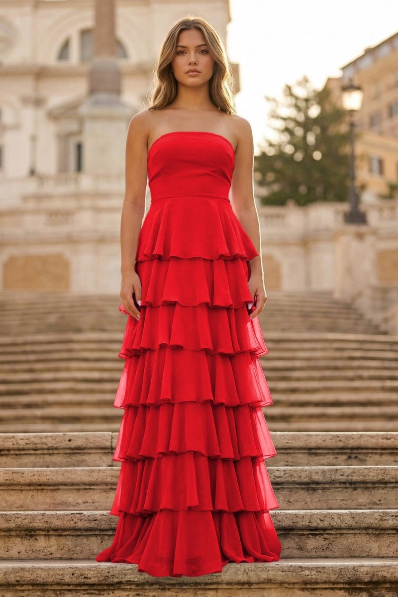 Purple Strapless A Line Chiffon Long Prom Dress With Ruffles