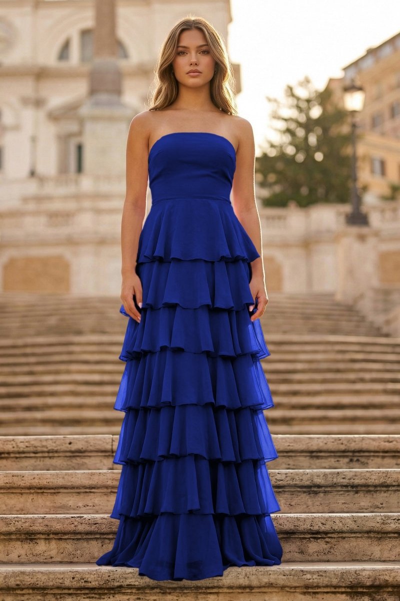 Purple Strapless A Line Chiffon Long Prom Dress With Ruffles