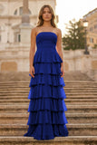 Purple Strapless A Line Chiffon Long Prom Dress With Ruffles