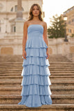 Purple Strapless A Line Chiffon Long Prom Dress With Ruffles